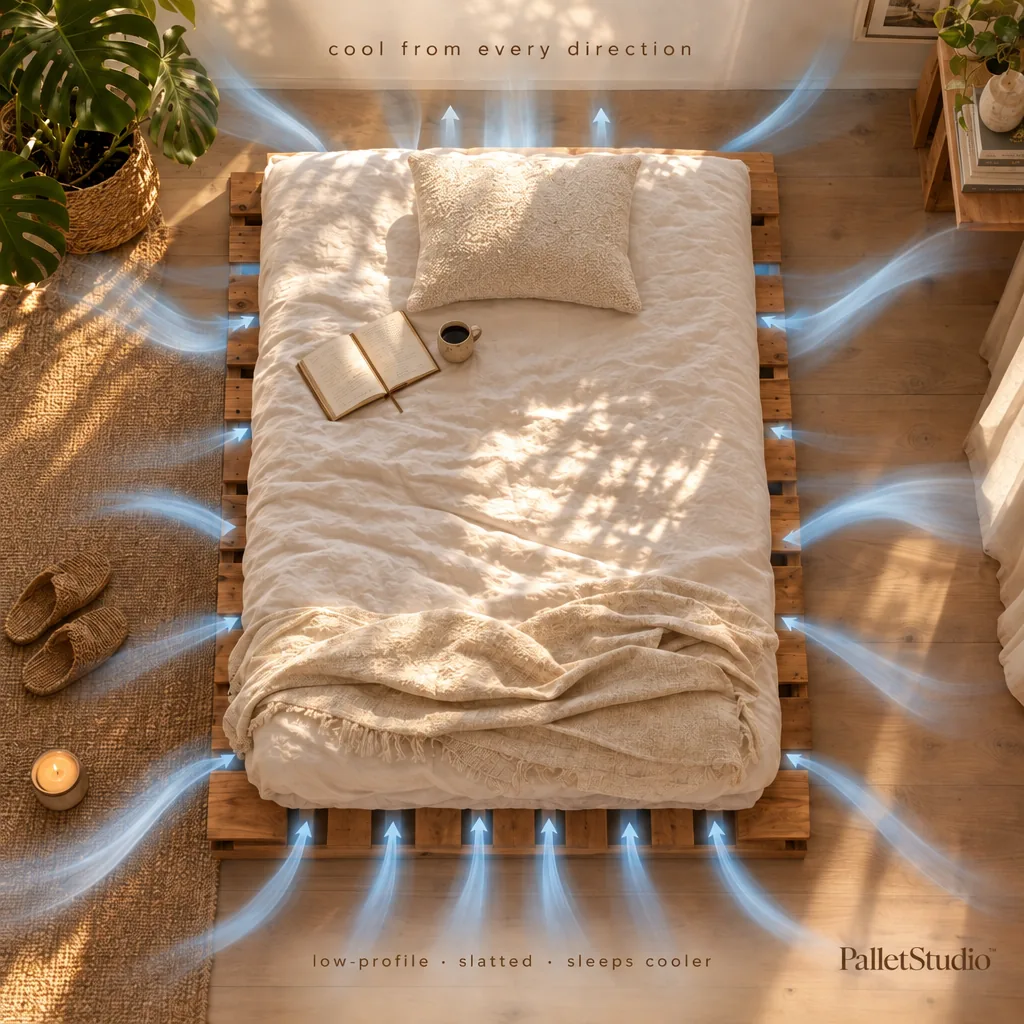 Close-up of the slatted pallet bed base showing open gaps that allow air to flow freely beneath the mattress