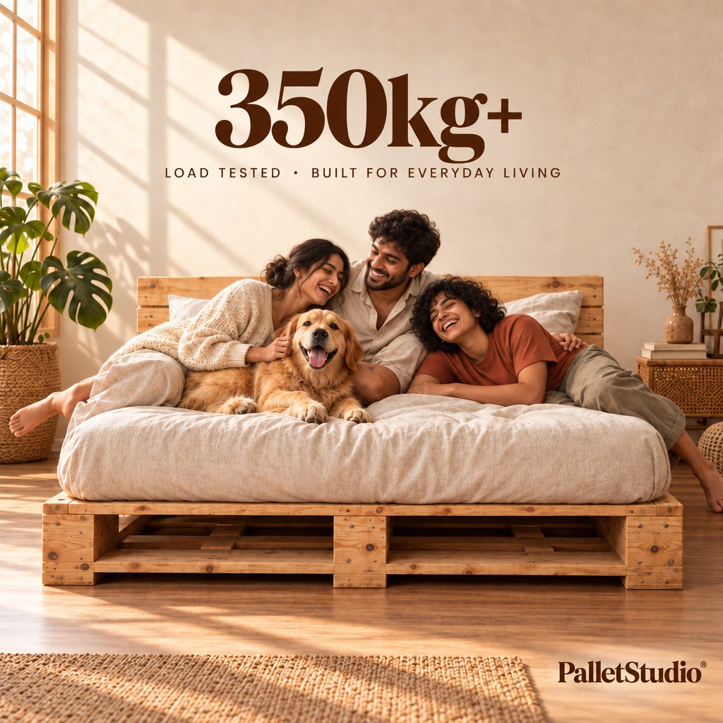 Three people laughing together with a golden retriever on a pinewood pallet bed that is load tested to more than 350 kg