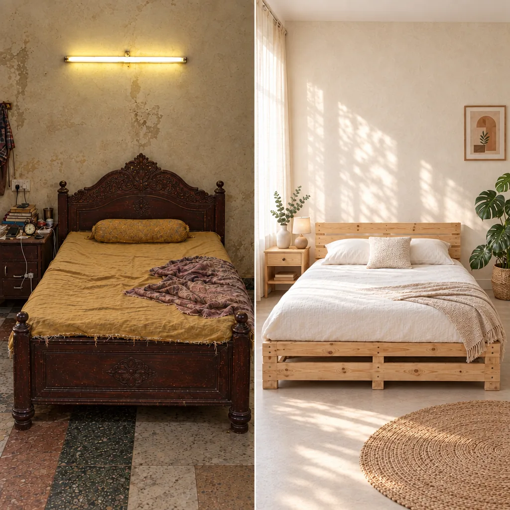 Before and after comparison — a traditional heavy carved wooden bed versus a modern minimalist pinewood pallet bed